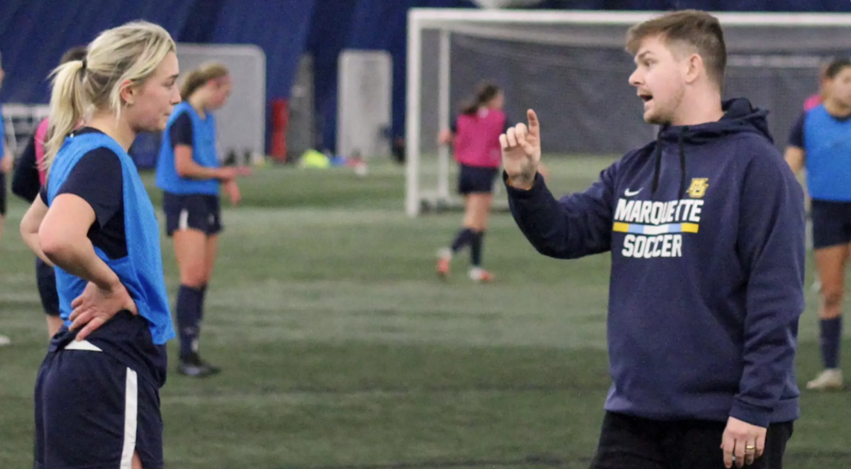 Marquette women's soccer assistant Luke Stell (right) most recently served as a volunteer assistant coach at Parkside in 2024. (Photo courtesy of Marquette Athletics.)